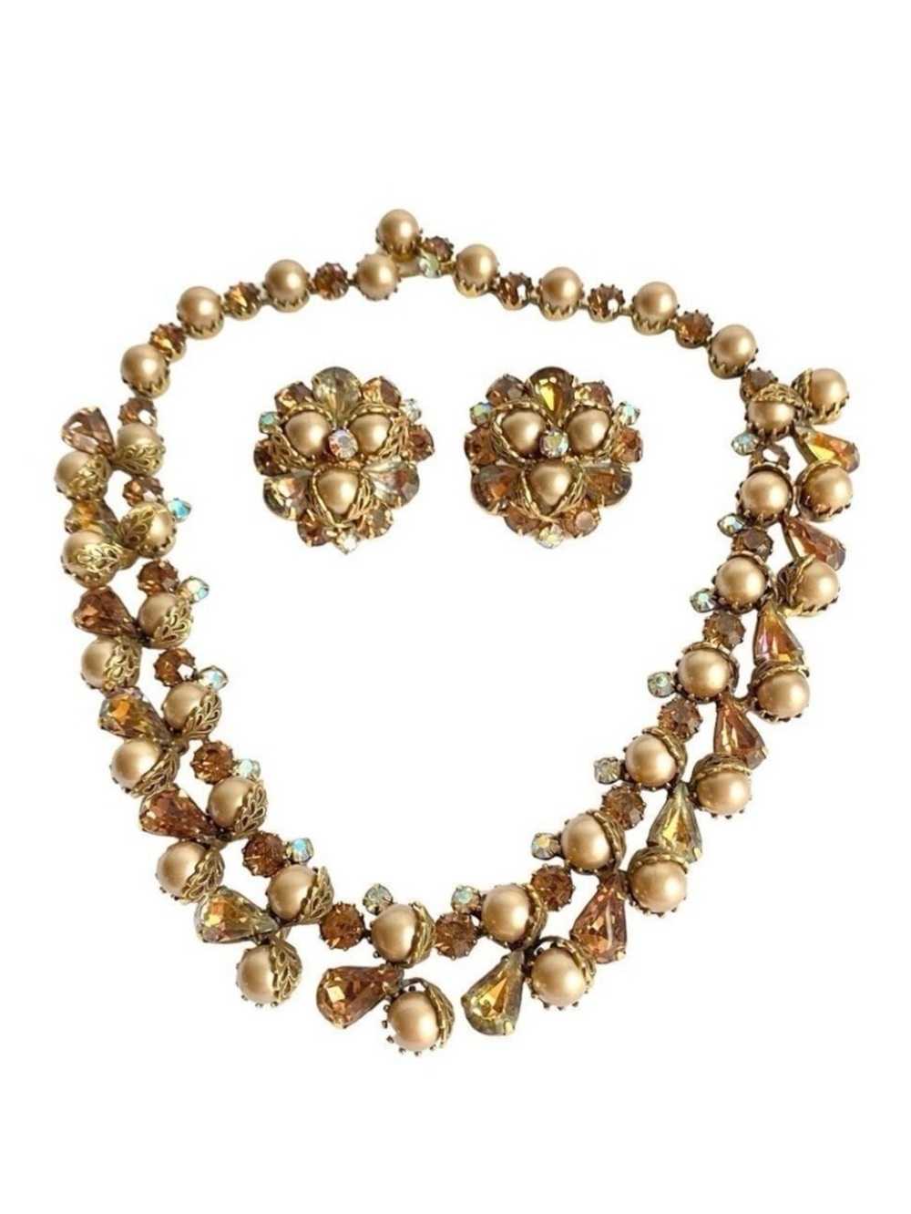 Vintage Kramer Necklace & Earrings Set Pearl Rhinestone Aurora Borealis Crystal